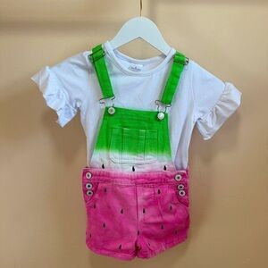 NWOT Girls Watermelon Overall Shorts With White Tee Set Size 6 / XL